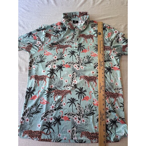 Green Side Golf Blue Cheetah Flamingo Hawaiian Tropical‎ Vaca Polo Shirt Mens XL - Picture 8 of 10